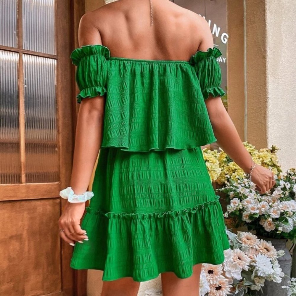 Boho Green  Off Shoulder Ruffle Hem Mini Dress - Picture 5 of 7